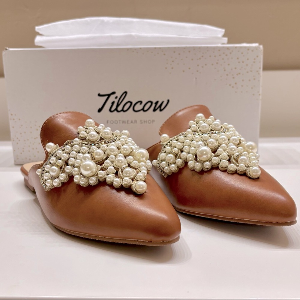 Sz 6.5 Ladies Tilocow Footwear Shop Light Brown Embellished Mules